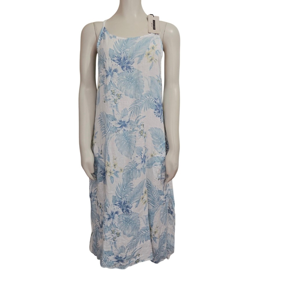 Lungo L'arno Linen Floral Midi Dress Large Made in Italy Blue Feminine Coastal